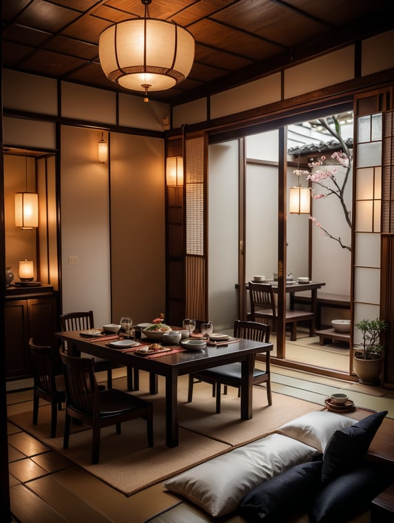 photo of very cosy and romantic, traditional japanese dinner for two. Seating on the floor. Many many dishes, All over the table. Warm and cold dishes. Sake. Traditional japanese environment.