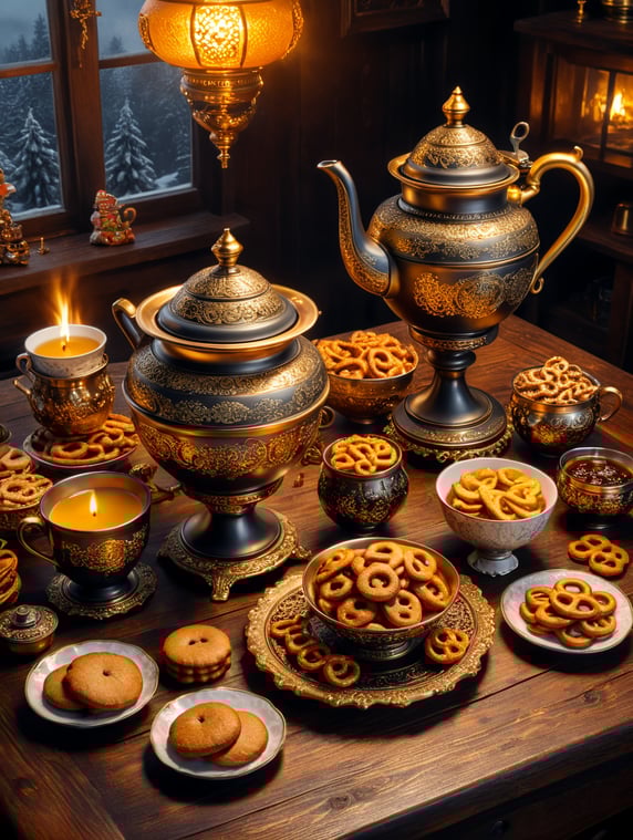 golden charcoal samovar on a wooden table. Tea service on the table. gingerbread and pretzels. Winter evening
