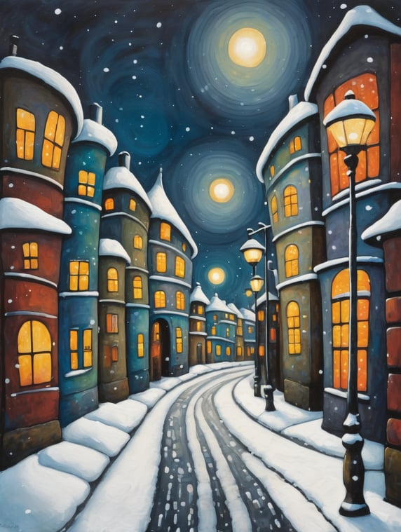 Hundertwasser style painting in winter with snow dark sky, and street lamping on a road