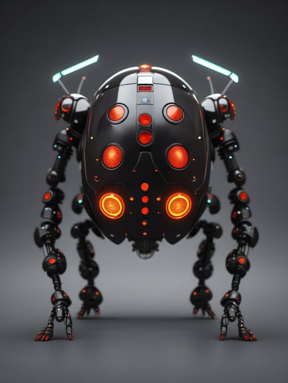 3d cybernetic ladybug robot, shiny materials, carbon fiber, internal red led lights