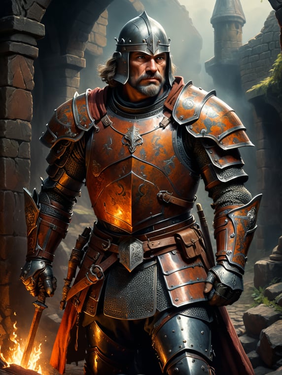 a medieval squire, wearing old and rusting armour, in the style of dungeons and dragons, in the style of 70s comics