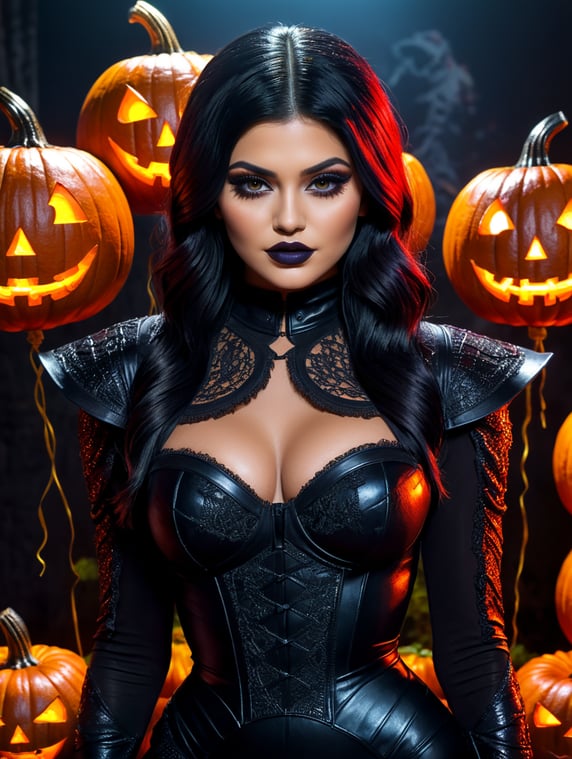Kylie jenner in the halloween costume, sinister makeup, Halloween costume, vivid saturated colors, highly detailed, contrast colors