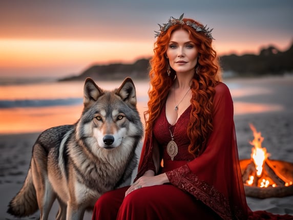 Older mother Wiccan goddess wearing red boho fashion, looks like actress Brigid Brannagh, Curly Red hair. A grey wolf sits with her by a beach bonfire. it is midnight and they are lit by the moon.