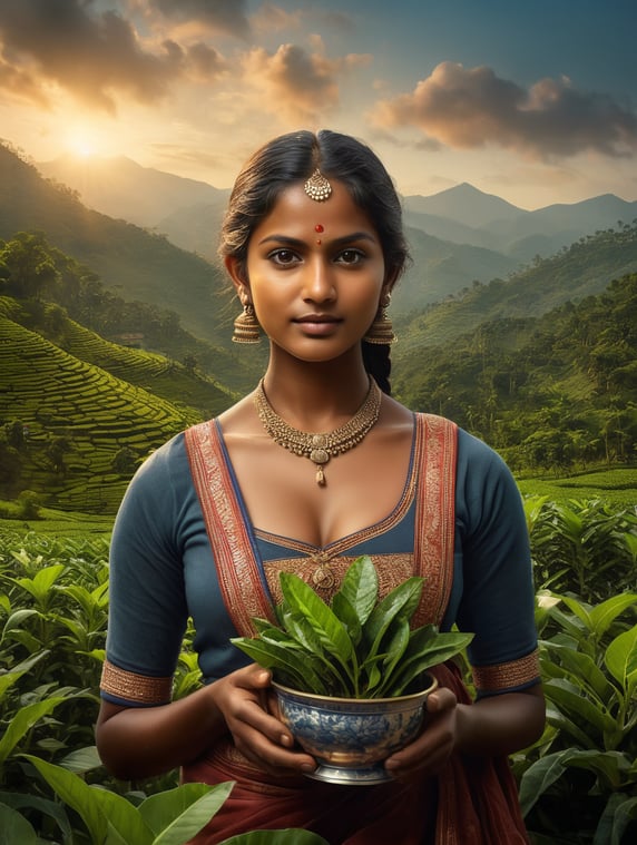 Portrait of a young, dusky and beautiful girl tea farmer from south India in a folk Indian d Dramatic Lighting, Depth of field,a tea mountain in the backdrop Incredibly high detailed, holding fresh tender tea leaves in a hand