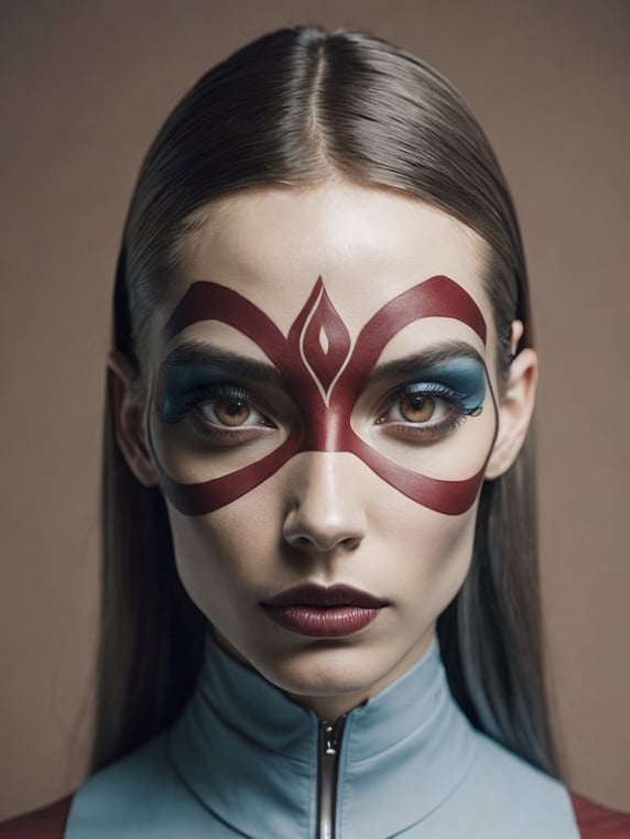 a woman with red facial tattoos and eye makeup, in the style of futuristic shapes, gregory colbert, symmetrical asymmetry, light blue and maroon, zen-inspired, gender-bending iconography, goblincore