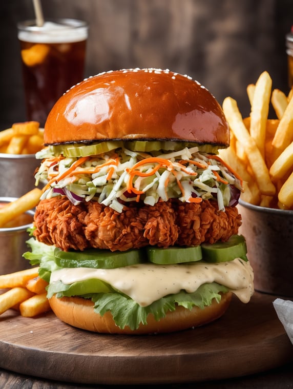 Pretzel bun fried chicken thick burger with mayonnaise, coleslaw, pickles and sriracha sauce, served with fries fried with duck fat