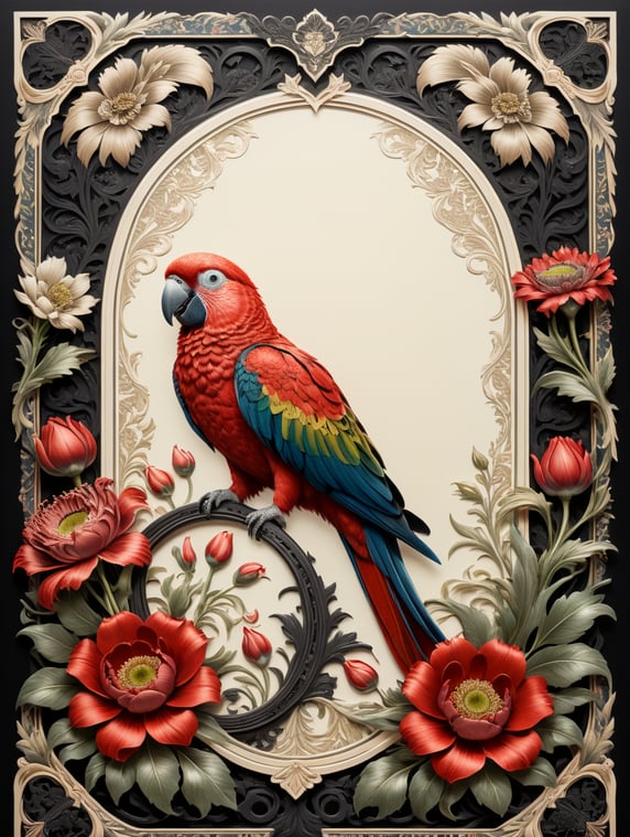 duochrome ink red on cream letterpress print of folk parrot and flowers ornate frame design, empty space in middle for text, in the style of William Morris