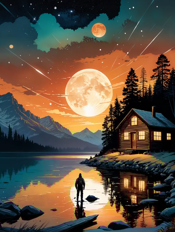 A vintage-style movie poster for "Chasing Shadows," featuring a night sky filled with stars as the backdrop. In the foreground, there's a serene moonlit lake, reflecting the starry night. On the lake's edge, there's an old cabin, warmly illuminated from within. The focal point of the poster is a celestial phenomenon—a bright, fiery comet, meteor, or fireball streaking across the sky, capturing the moment of impact. Around the cabin and near the lake's edge, there are shadowy figures, partially obscured and ambiguous, leaving viewers uncertain about their nature—human or otherworldly. The poster has a dark and moody color palette with a vintage sepia tone or desaturated colors. It should have a textured, worn appearance to evoke nostalgia. The title, "Chasing Shadows," is displayed in a classic, vintage-style font reminiscent of 80s horror movies. A mysterious tagline, "They Came from the Stars. Secrets from the Shadows," is placed below the title, adding to the intrigue.