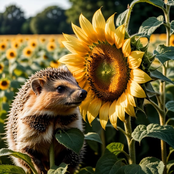 hedgehog sniffs a sunflower in a field