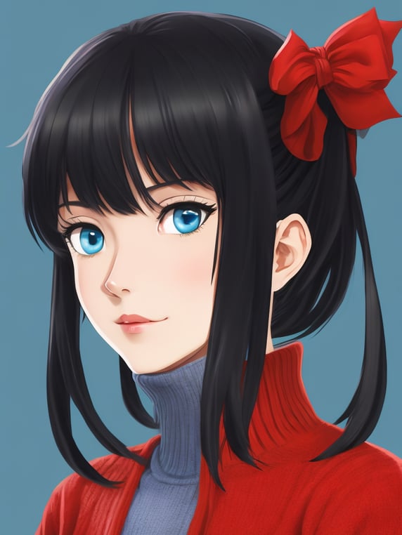 1girl, tohsaka rin, solo, long hair, sweater, red sweater, looking at viewer, blue background, black hair, simple background, two side up, turtleneck, blue eyes, lips, closed mouth, ribbon, hair ribbon, bangs, turtleneck sweater, upper body, parted bangs, black ribbon, ribbed sweater, twintails, nose,