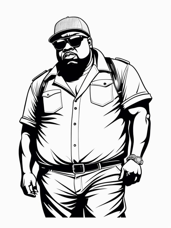 angry fat black gangster wearing sunglasses, in the style of basic simple line art vector comic art on white background