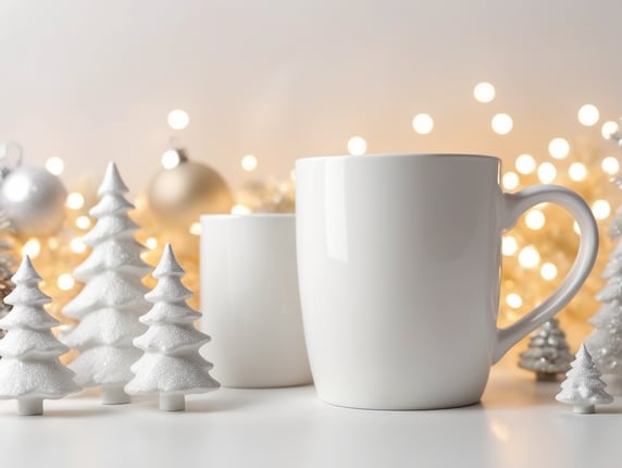 blank White ceramic mug, Christmas style photo, Christmas toys, Santa, mock up, mockup