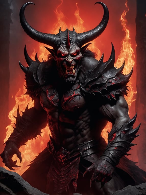 Create a chilling and daunting image of an intimidating devil figure. The devil should have a malevolent grin on its face with gleaming red eyes. Include pitchfork-like horns and pointed tail for additional elements of horror. This harrowing figure should be set against a dark, incandescent background, flames dancing ominously around the edges, setting the scene for a living nightmare. The composition should be suitable for use as a poster, with the main focus on the devil, but with enough detail in the surroundings to enhance the atmospherics.