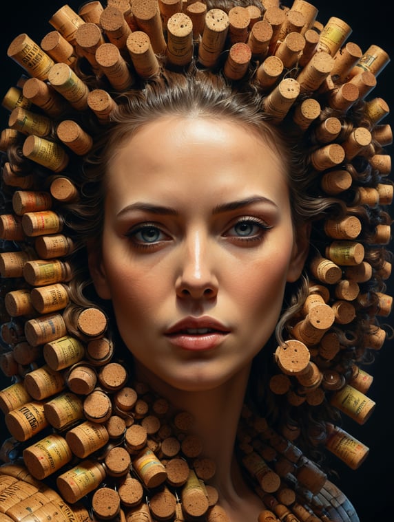 A digital art portrait of a woman. The face and The hair are entirely made of cork stoppers in top view.