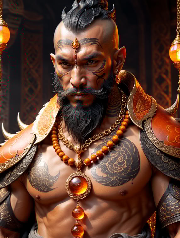 Monk dragon man tattoos gold scales dark orange garb bead necklace magical aura