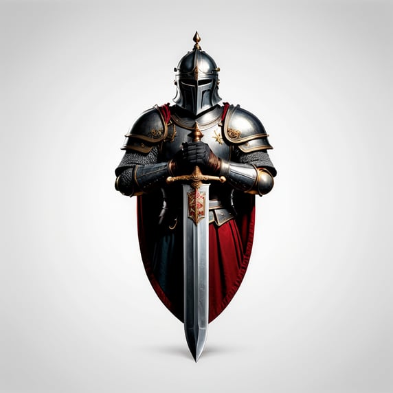 arafed knight with sword and shield logo design, strong fantasy knight, professional logo design, sword design, medieval knight, (((knight))), fantasy knight, holy crusader medieval knight, logo vector art, medieval holy crusader knight, armored knight, high quality character design, 3 d logo, logo design, knight, medieval fantasy game art, logo concept design, illustrated logo