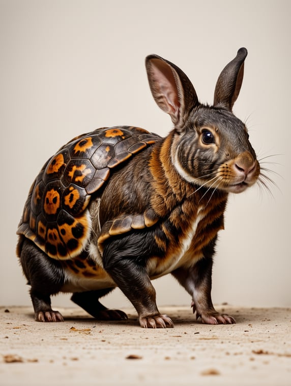 Hybrid animal with the head of a rabbit, body of a rat with a tortoise shell and it has the tail of a rat