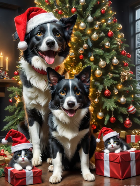 Border collie and cat celebrating Christmas