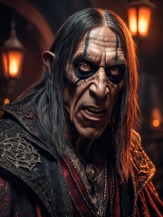 Iggy Pop as a creepy evil character wearing spooky Halloween costume, Vivid saturated colors, Contrast color