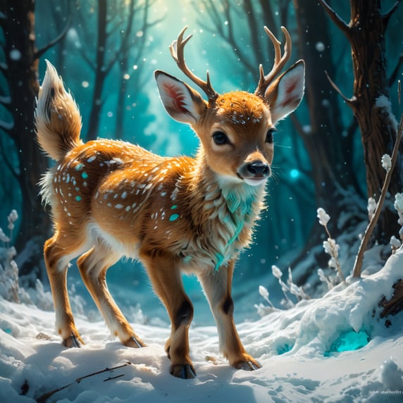 An adorable cute fluffy fawn cub on bioluminescent golden_turquoise glow enchanted ethereal snowland, explosion of snow, love energy, soft lighting, sharp focus, by Marc Simonetti & Yoji Shinkawa & WLOP, paint drops, rough edges, trending on artstation, studio photo, intricate details,