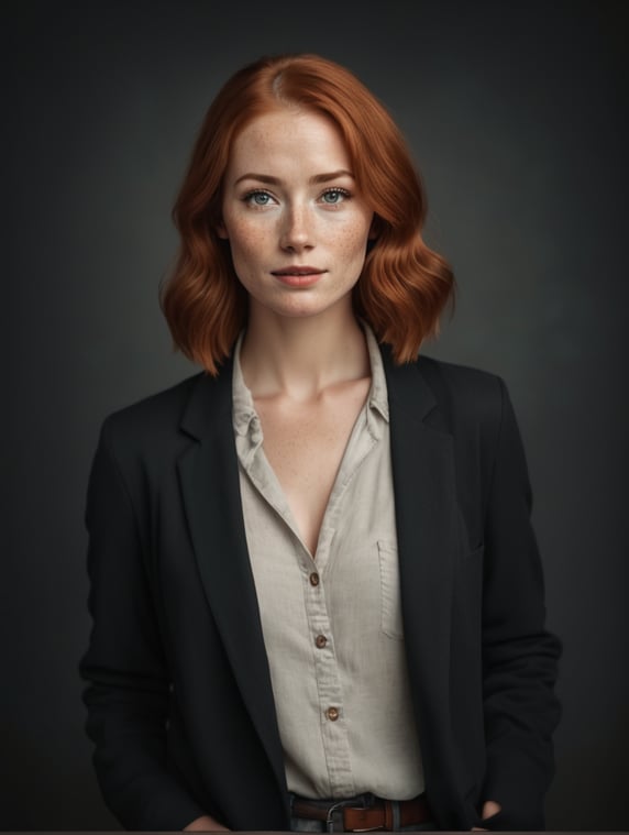 30 years old redhead woman with many freckles, gray eyes, full lips, half body