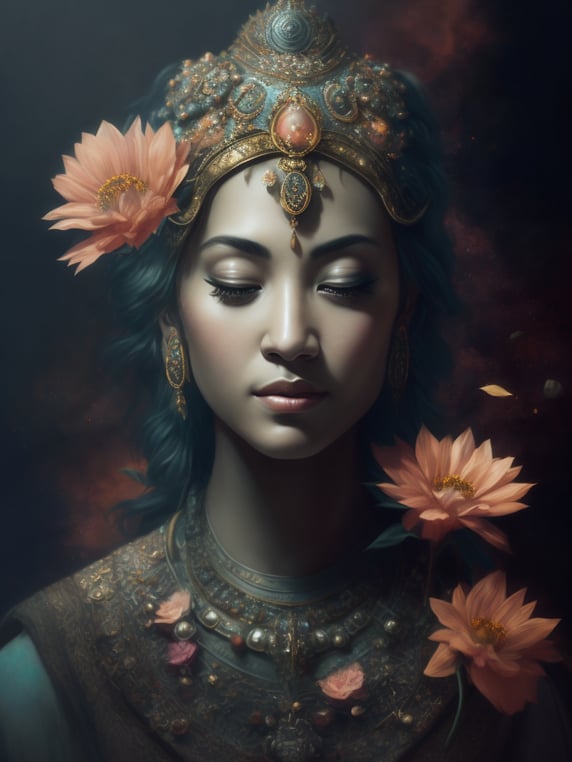 Ethereal portrait of female Buddah in pastels and gold with pink flowers, high definition, cinematic, detailed character portrait, detailed and intricate environment, breeze, dreaming