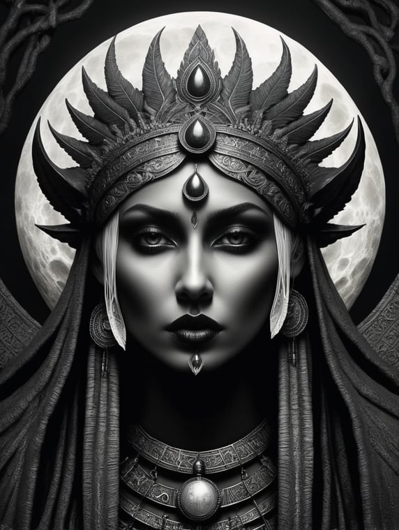 Create a scene with the goddess Ishtar, use the style of Gustav Dore, use light as layers and shadows over objects and people and clothings. Use a big scene. Make a detailed work and rich textures to evoke the pagan culture, mythical vibes, blending the divine and majestic concept of ancient myths style with a focus on mesopotamia goddess themes. The composition should be ethereal and fantastical, capturing the essence of pagan vibes in a dramatic manner. MAKE IT BLACK AND WHITE. DO NOT USE REAL HUMAN BODY COLORS AND REAL FACES, DONT MAKE IT LOOK LIKE CHEAP EVERYDAY IMAGES, THINK ABSTRACT. Perfect human body shape, like two hands, arms etc. GUSTAV DORE STYLE GLOOMY, B , DARK, PAGAN, WITCH, NIGHT, RITUAL