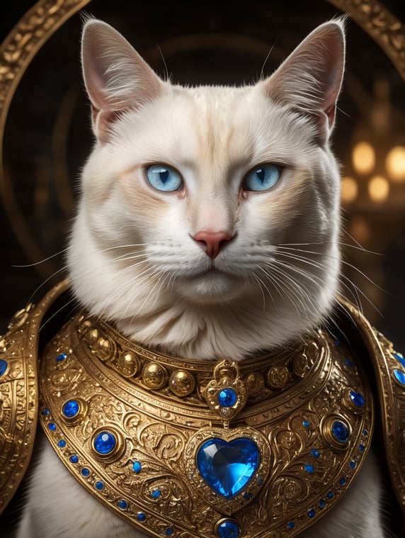 A Siamese cat with blue eyes with a big golden collar and a golden heart on which the 3 letters LBF are kept. highly detailed photo, high quality photo, photo studio; Un chat siamois avec des yeux bleus avec un gros collier doré et un coeur doré sur lequel ,est gardé les 3 lettres LBF. highly detailed photo, high quality photo, studio photo