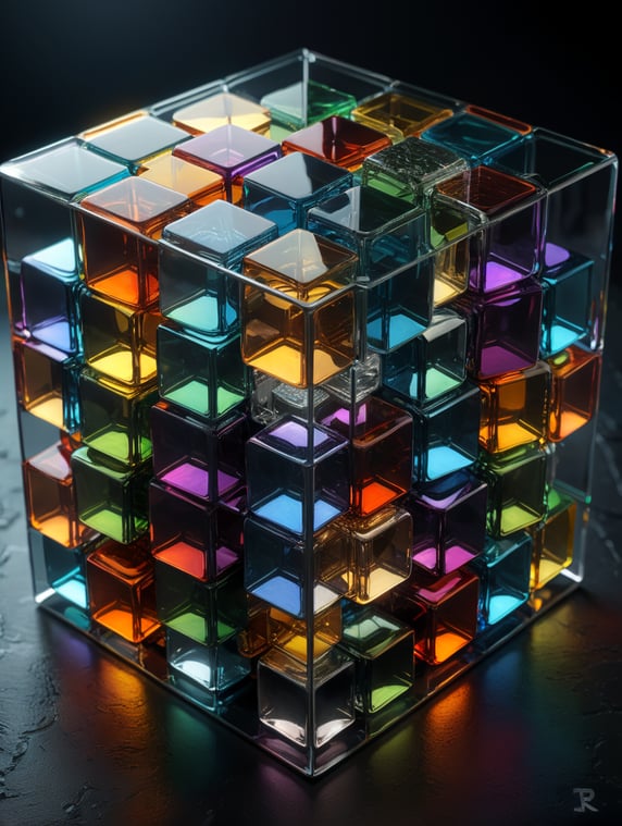a glass cube consisting of many cubes in 3 d