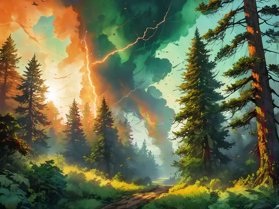 Heavy green fog, heavy green smoke, huge green lightning bolt striking a tree, overgrown forest, all of the foliage is orange, cannabis growing everywhere, sunshine peeking between the clouds, highly detailed, sharp focus, dramatic lighting, depth of field, incredibly high detailed