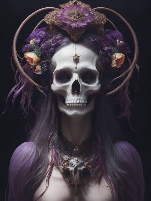 Goddess portrait skull, ram skull, jellyfish, orchid, betta fish, bioluminescent, intricate artwork by tooth wu and wlop and beeple. octane render, trending on artstation, greg rutkowski very coherent symmetrical artwork. cinematic, hyper realism, high detail, octane render,