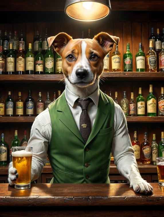 “The Mask” is a 1994 comedy film based on the Dark Horse comic book series of the same name. The plot of the film tells the story of Stanley Ipkis, a bank employee and a loser who finds a magical mask with which he turns into a green-faced superhero. Create a picture where the main character is drinking in a bar with a dog, Jack Russell breed; «Маска» (англ. The Mask) — кинокомедия 1994 года, снятая по мотивам одноимённой серии комиксов издательства Dark Horse. Сюжет фильма повествует о Стэнли Ипкисе, работнике банка и неудачнике, который находит волшебную маску, с помощью которой превращается в зеленолицего супергероя. Создать картинку, где главный герой выпивает в баре с собакой, порода джек рассел