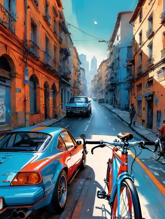 A highly detailed, digital image, clasic campagnolo bicycle , detailed illustration, sharp, 1970 style . oil paint. detailed, sharp focus, highly detailed , wall , sport bicycle white blue and red bicycle, clean city, only wall