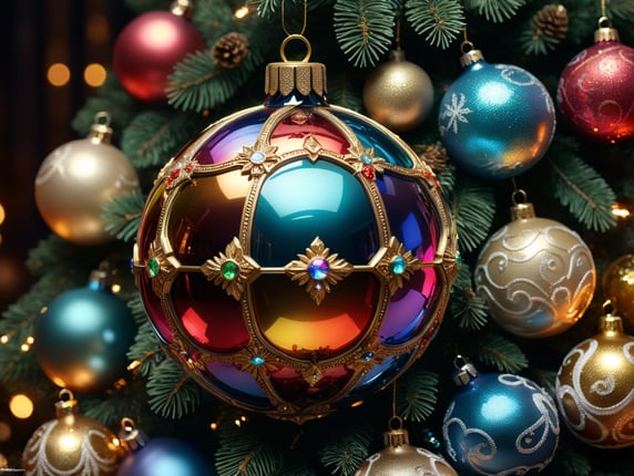 Generate a visually stunning and festive AI-rendered image that seamlessly blends the iridescent beauty of mixed lubricants with the enchanting charm of Christmas decorations. Capture the essence of holiday magic as the lubricants refract and reflect the warm glow of twinkling lights, and explore the harmonious coexistence of the fluid dynamics and the intricate details of ornaments, creating a mesmerizing and unique visual celebration