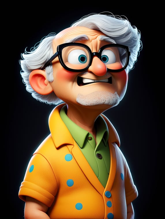 old cartoon character with black glasses, cartoon, isolated, black background