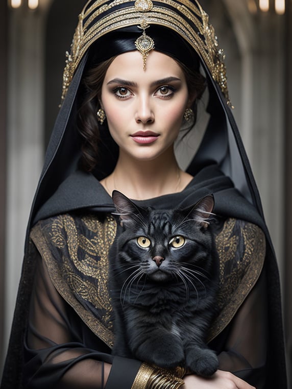 Portrait of princess leia wearing niqab and a mainecoon cat wearing black coated arabic fashion with gold crown in Renaissance ottoman heritage, hyper realistic, ultra detailed photograph.