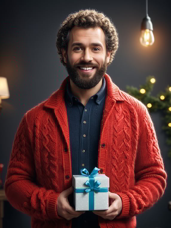 portrait of a bearded curly man wearing red knitted jacket, stands front camera with gift box his hand, happy birthday images, spring time