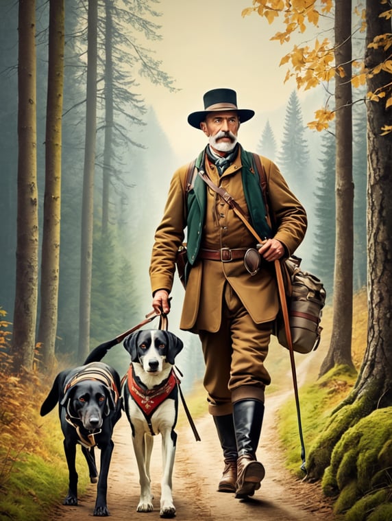 Retro poster an old Austrian hunter with a hunting dog walks along a forest path, dressed in traditional Austrian clothes, carrying a backpack with things, caught game in his belt