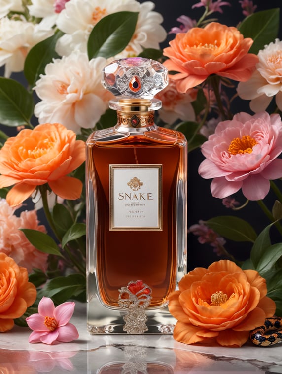 Luxury perfume bottle with blanc label, snake next to the bottle, floral background, pink and orange flowers