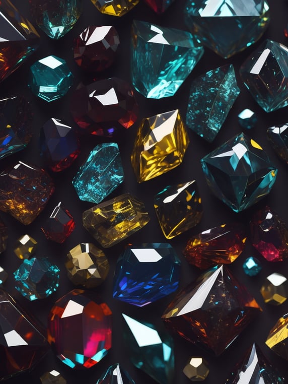 Crystal texture, pattern, background, top view, organic texture, seamless texture, scattered crystals, deep colors, contrast lighting, volumetric crystals, crystals stacked on top of each other, closely stacked crystals, knolling, flat lay, gems, crystals