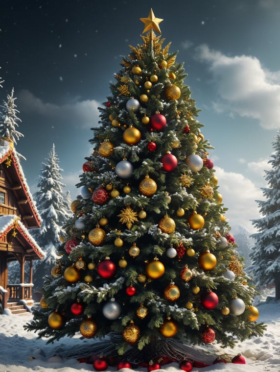 Premium Christmas tree with golden Christmas balls and Christmas colours and some snow