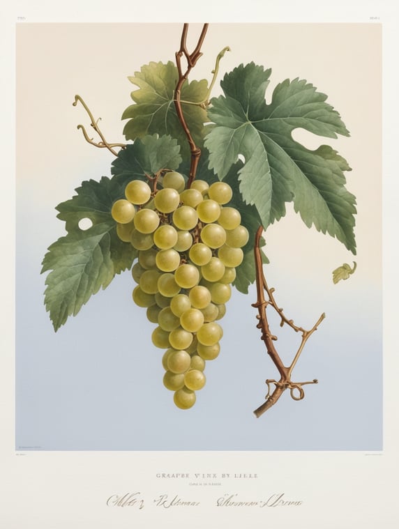 Botanical illustration print. grapes on vine with leaves. by Pierre-Joseph Redouté. on white background