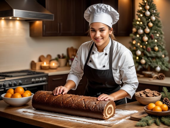 young female chef baking a christmas log; joven chef femenina horneando un tronco navideño