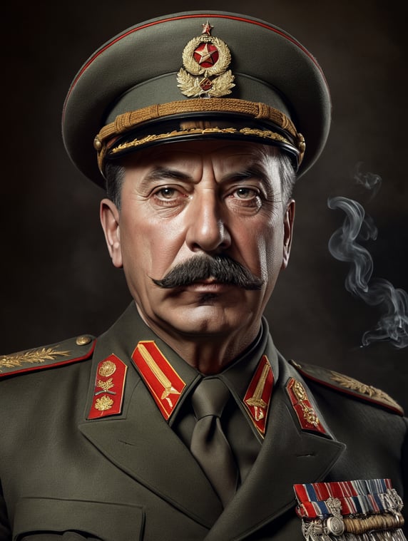 Portrait photograph of Stalin in military clothing from 1937. Holds a smoking pipe in his hands, looks sternly at the camera