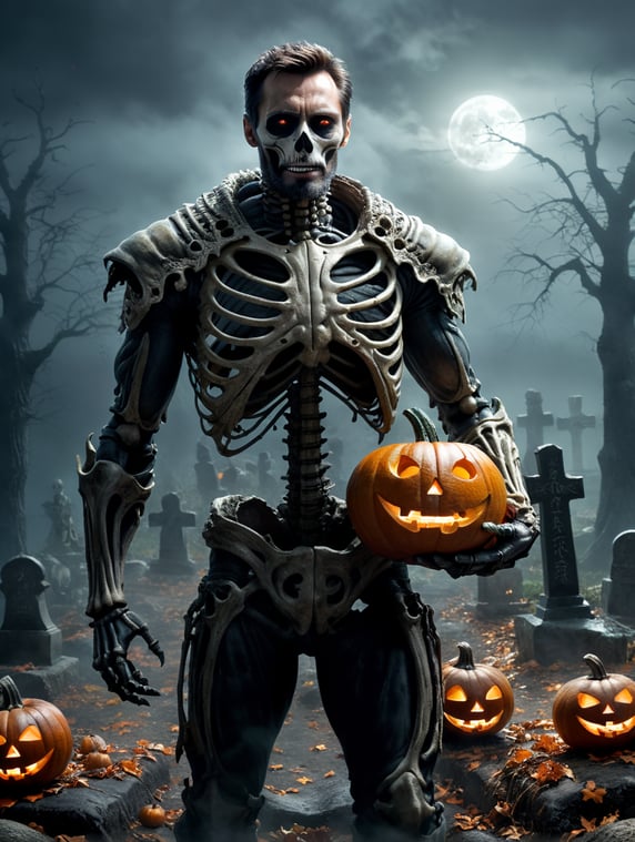 Hugh Jackman with a skeleton body, holding a halloween pumpkin, in a misty graveyard at night.
