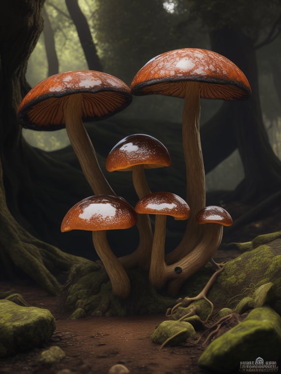 Fantastic Poison Mushrooms grow at the foot of the tree. Fairytail style , photorealistic details and clear, sharp and colorful high-resolution picture. Lewis Carroll, Alice's Adventures in Wonderland style.