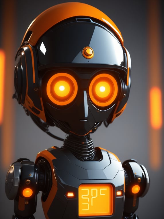 Orange and black AI robot, short and cute, simple 3d model, wearing jacket and glasses; Robot AI màu cam và đen, lùn và dễ thương, mô hình 3d đơn giản, mang áo khoác và mắt kính
