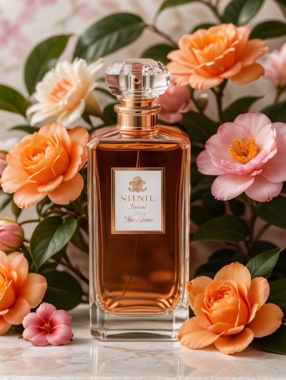 Luxury perfume bottle with blanc label, snake next to the bottle, floral background, pink and orange flowers