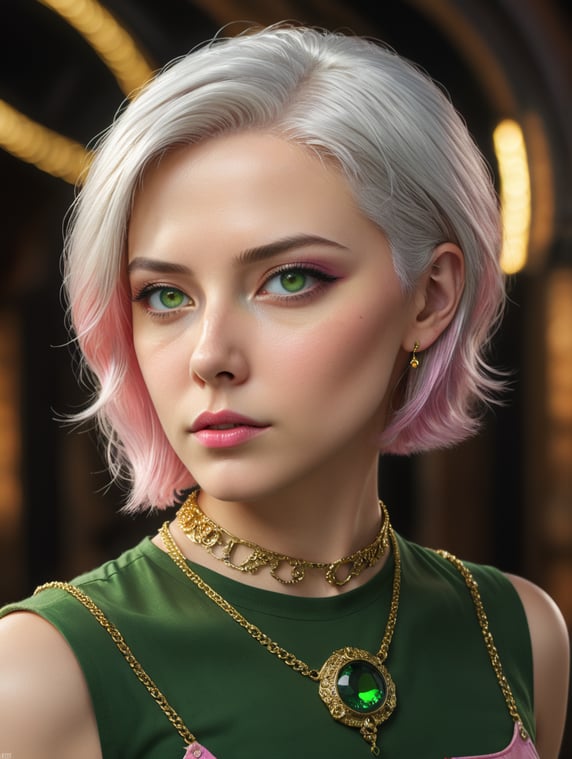White hair is not very long, green eyes, thin gold chain, pink T-shirt is not very long, black wide pants; Белые волосы не очень длинные, зеленые глаза, тонкая золотая цепочка, розовая Майка не очень длинная, черные широкие штаны