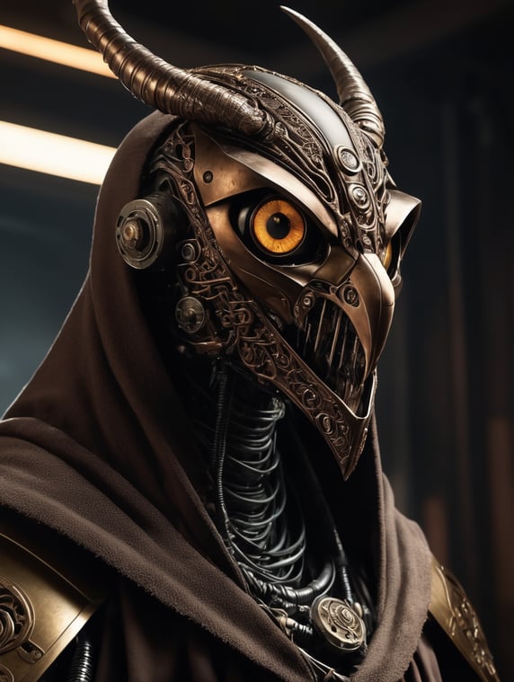 A robot with a bronze metal bird mask, realistically scary eyes, wires creating a long neck, body covered in a brown cloak, sharp metal claws, in a dark realistic, in 4k, horrifying, and nightmare fuel.